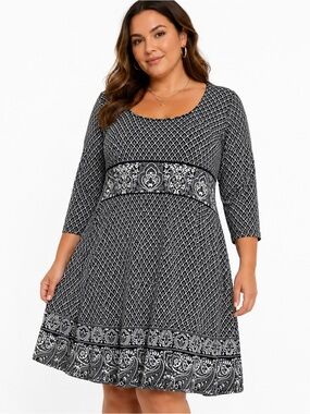 Spense Black & White Printed Dress Size 12 | 3/4 Sleeve Midi Dress